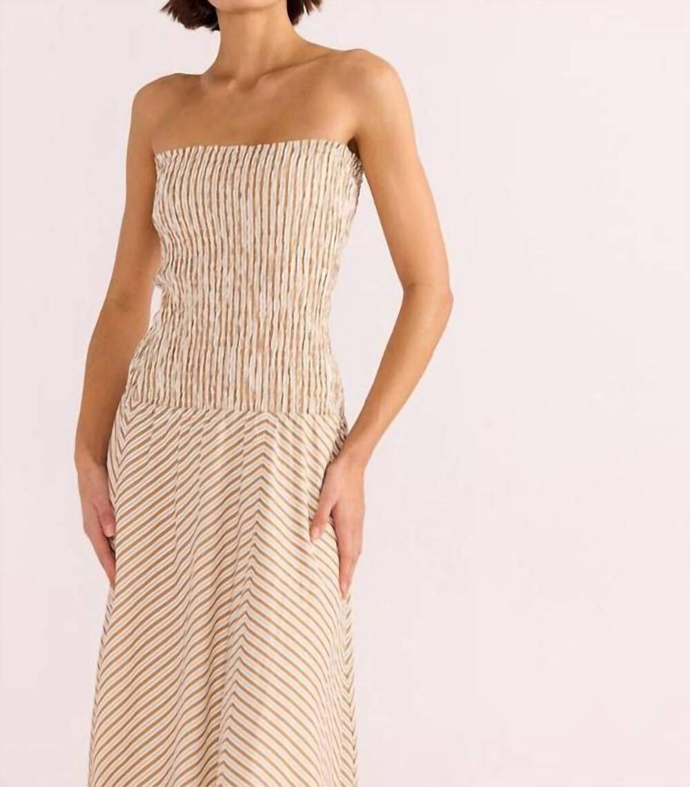 NEW MINKPINK artemis shirred midi dress in tan